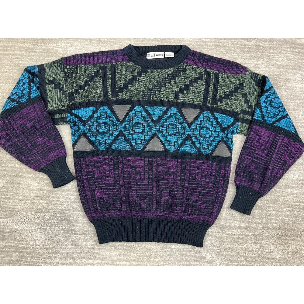 Urban Works Sweater Men Medium Multi Geometric 90s Vintage Leather Trim Pullover